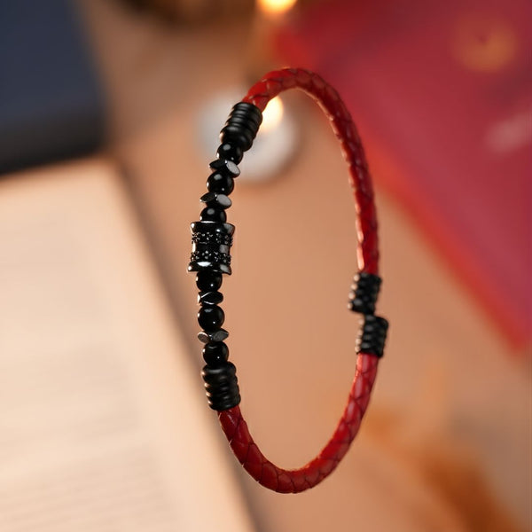 Oniks & Zirkon Detaylı İnce Hakiki Deri Bileklik - Siyah | Kırmızı