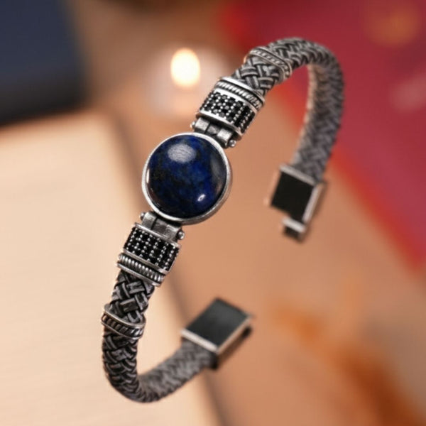Lapis Lazuli Doğal Taşlı & Hakiki Deri Erkek Bileklik - Siyah - Beyaz | Mavi