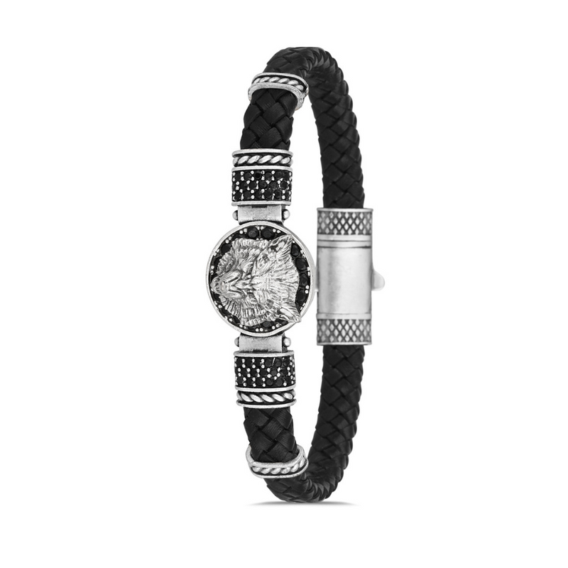 Kurt Figürlü Zirkon Taşlı Erkek Bileklik - Siyah | Gümüş