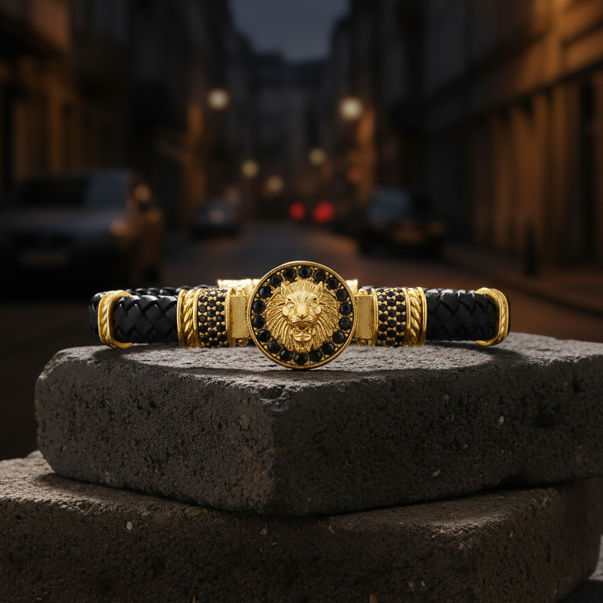 Aslan Figürlü Zirkon Taşlı Bileklik - Siyah | Gold