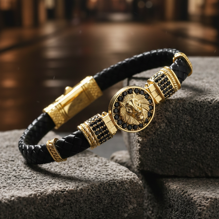 Aslan Figürlü Zirkon Taşlı Bileklik - Siyah | Gold