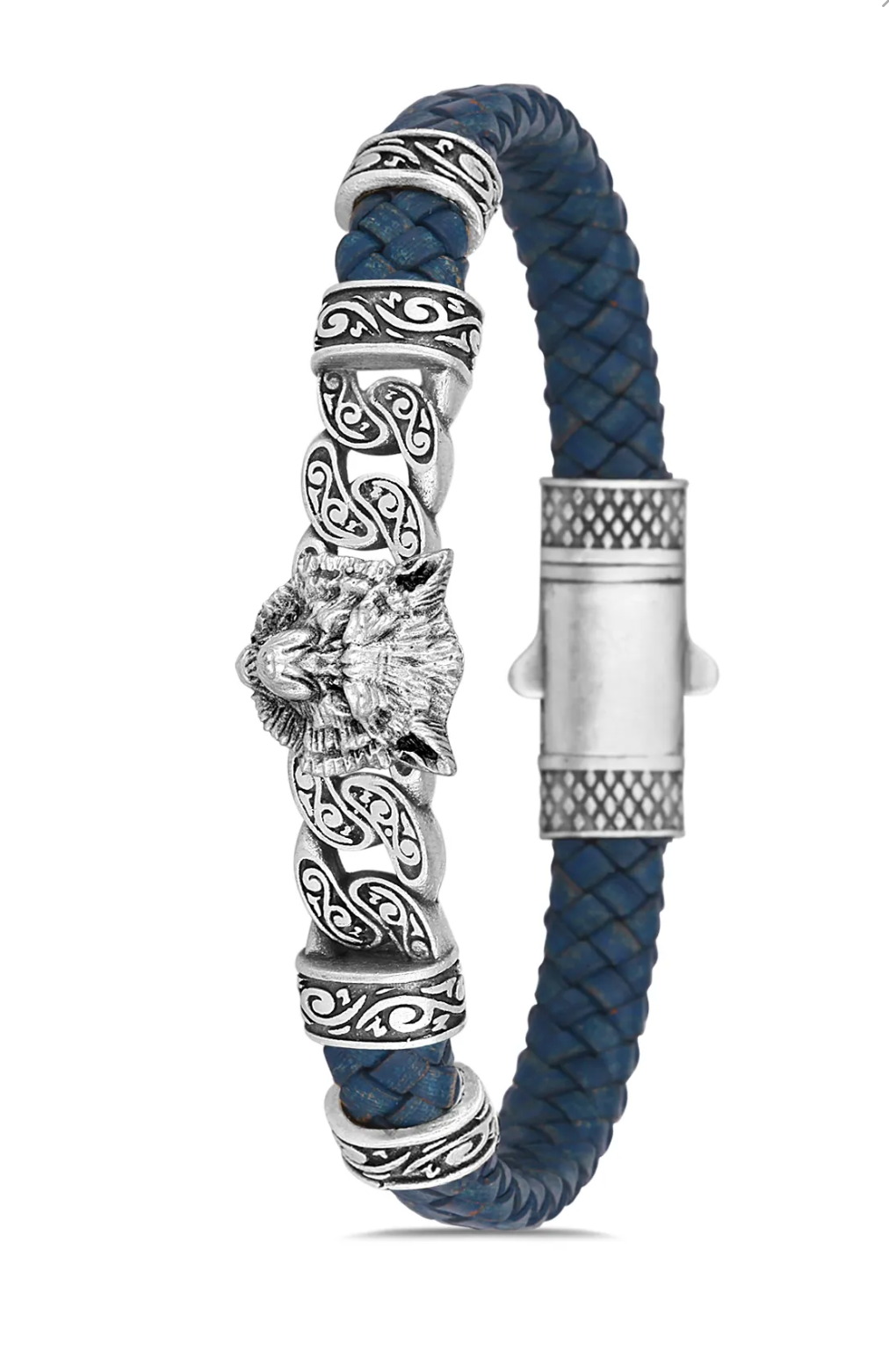 Kurt Başlı Sarmal Zirkon Taşlı Erkek Bileklik - Mavi | Gümüş