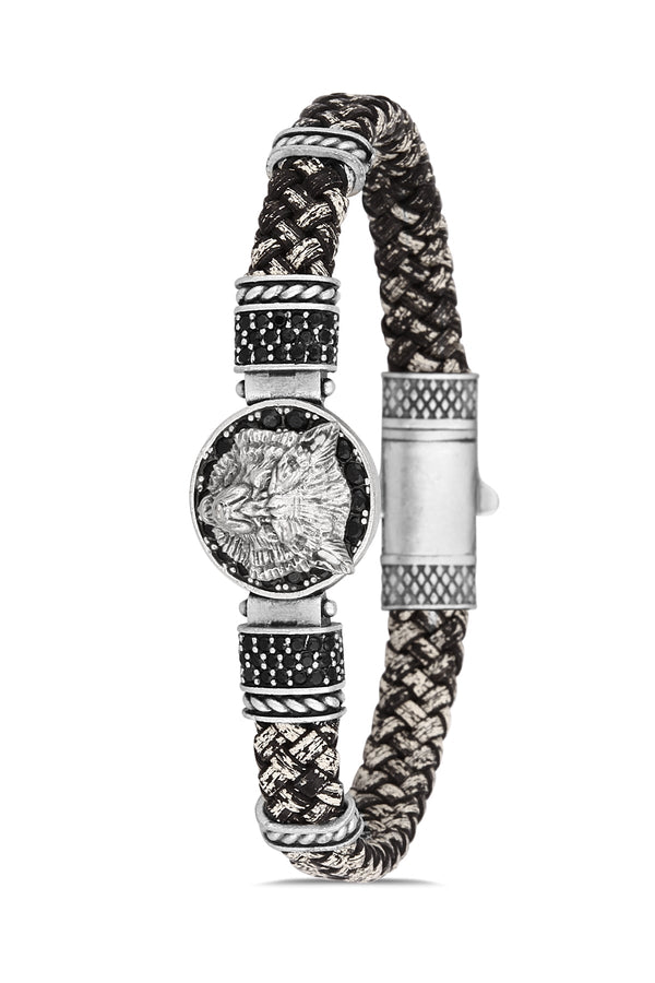 Kurt Figürlü Zirkon Taşlı Erkek Bileklik - Siyah - Beyaz | Gümüş