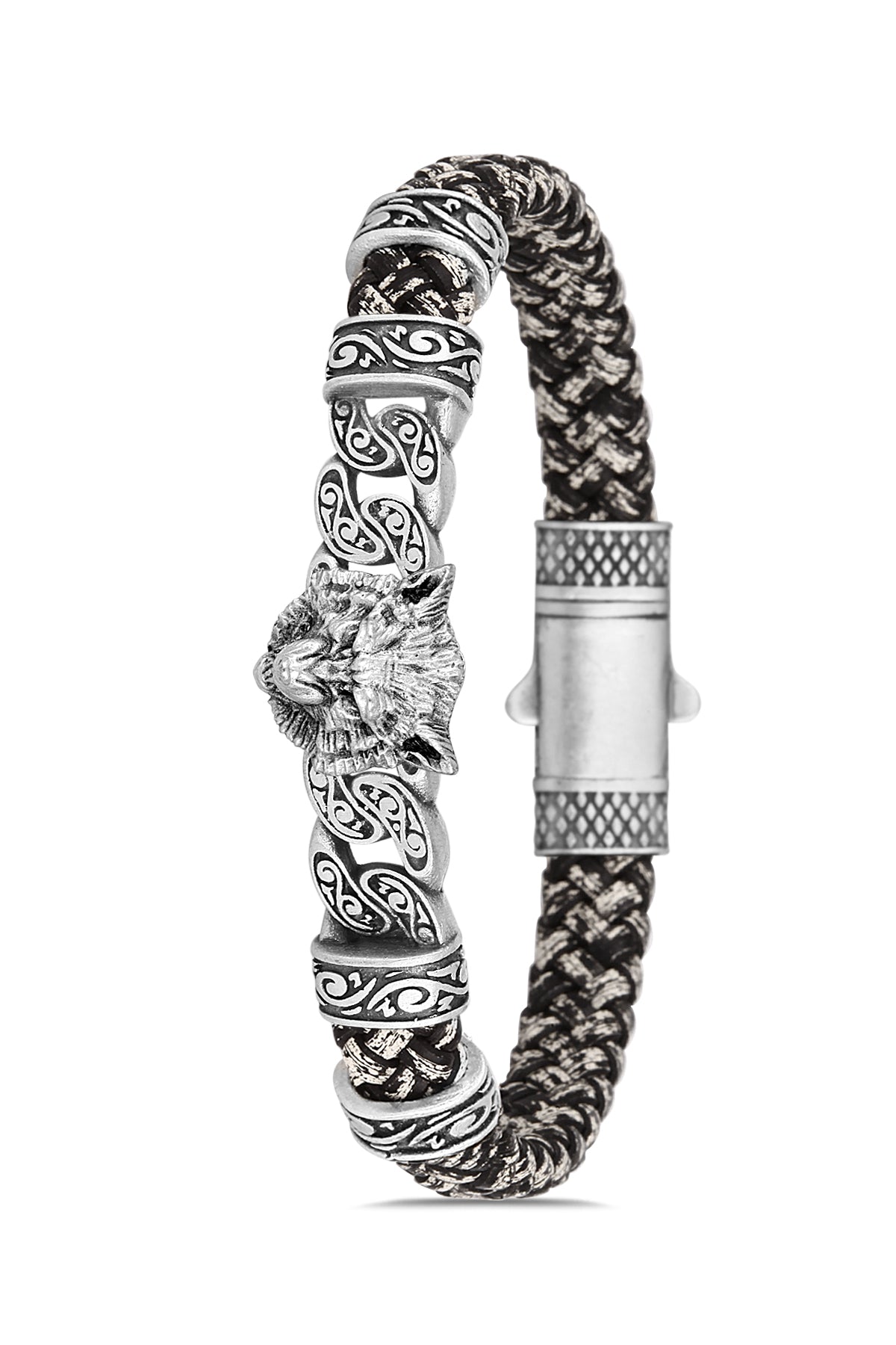 Angry Wolf Model Zirkon Taşlı Bileklik - Siyah - Beyaz | Gümüş