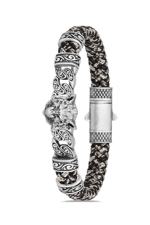 Angry Wolf Model Zirkon Taşlı Bileklik - Siyah - Beyaz | Gümüş