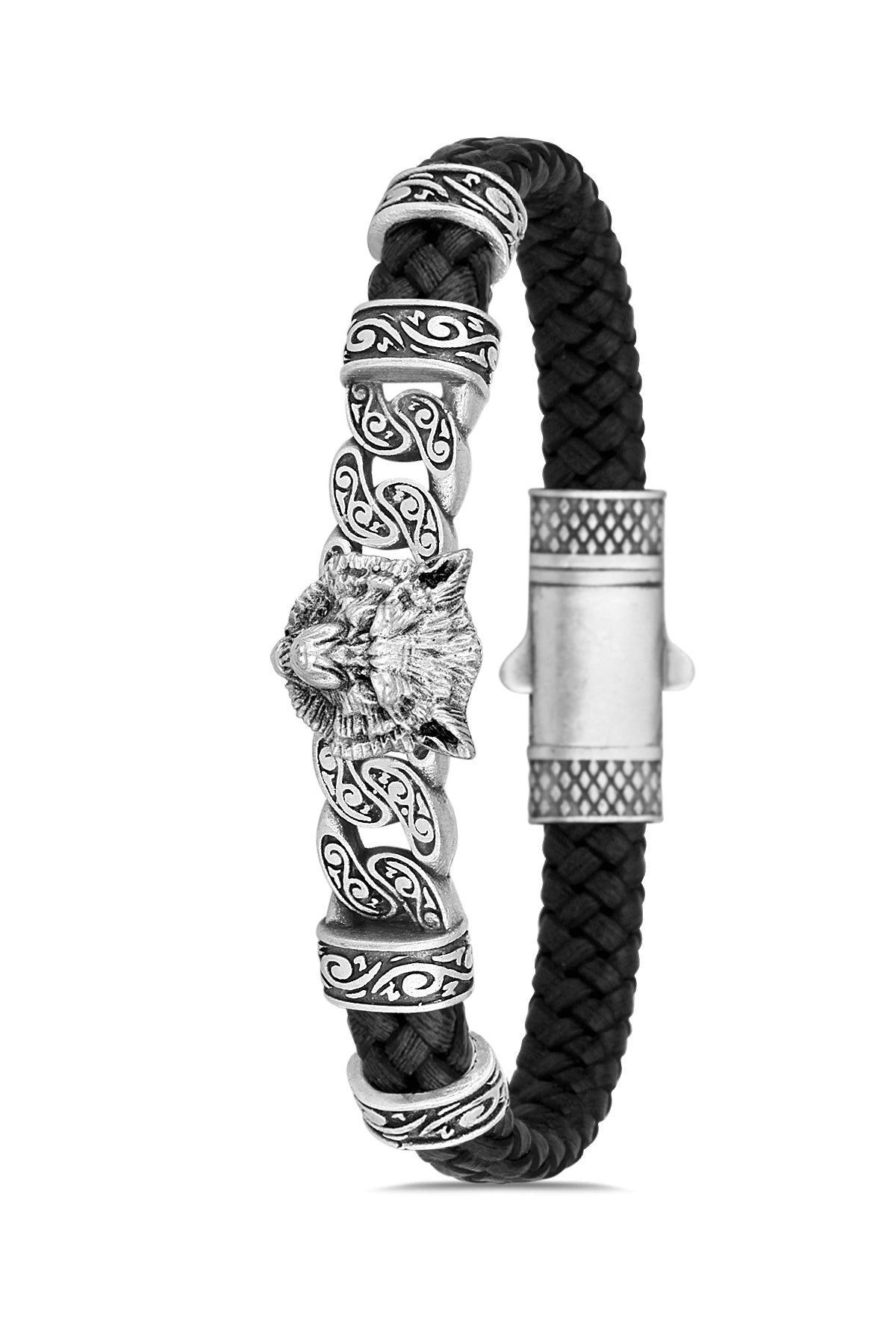 Angry Wolf Model Zirkon Taşlı Bileklik - Siyah | Gümüş