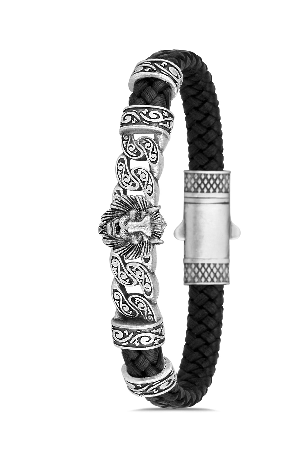 Lion Model Zirkon Taşlı Bileklik - Siyah | Gümüş