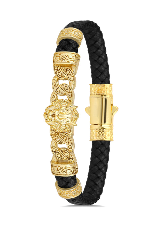 Lion Model Zirkon Taşlı Bileklik - Siyah | Altın