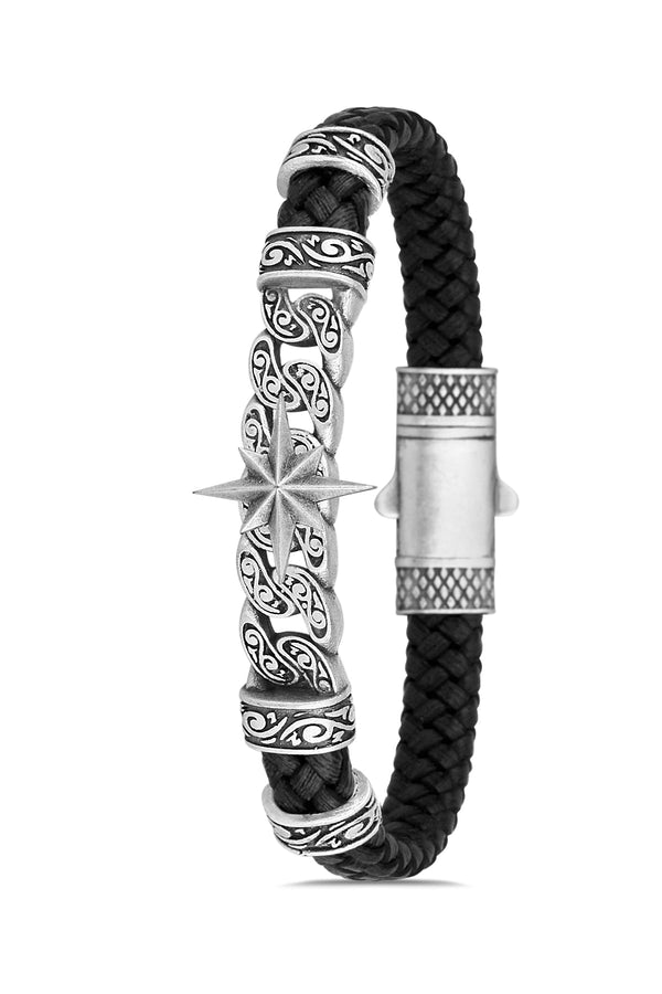 Compass Model Zirkon Taşlı Bileklik - Siyah | Gümüş