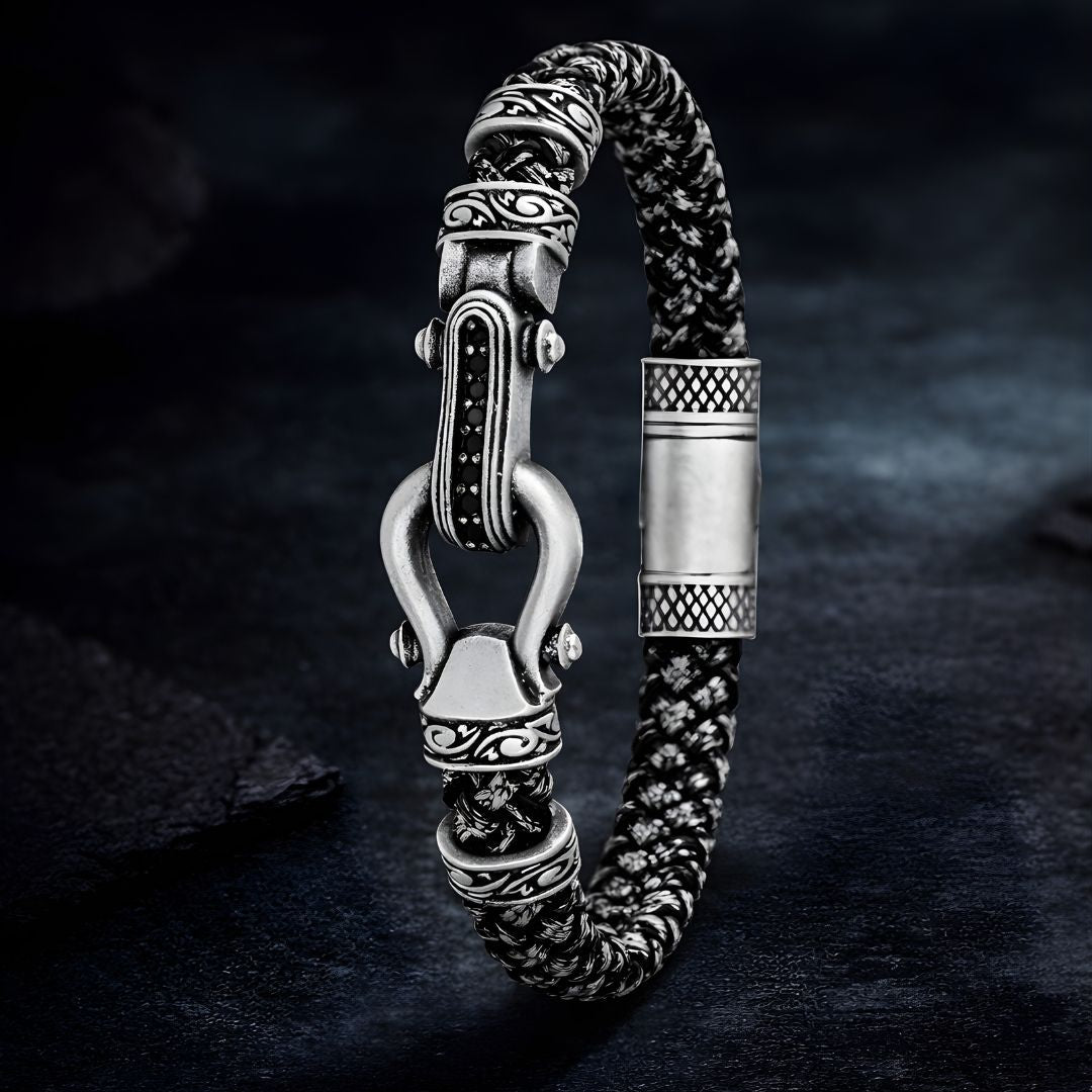 İtalyan Tasarım At Nalı Şans Zirkon Taşlı Bileklik - Siyah - Beyaz | Gümüş