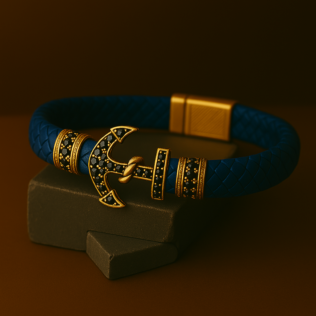 Çapa Figürlü Zirkon Taşlı Erkek Bileklik - Mavi | Altın