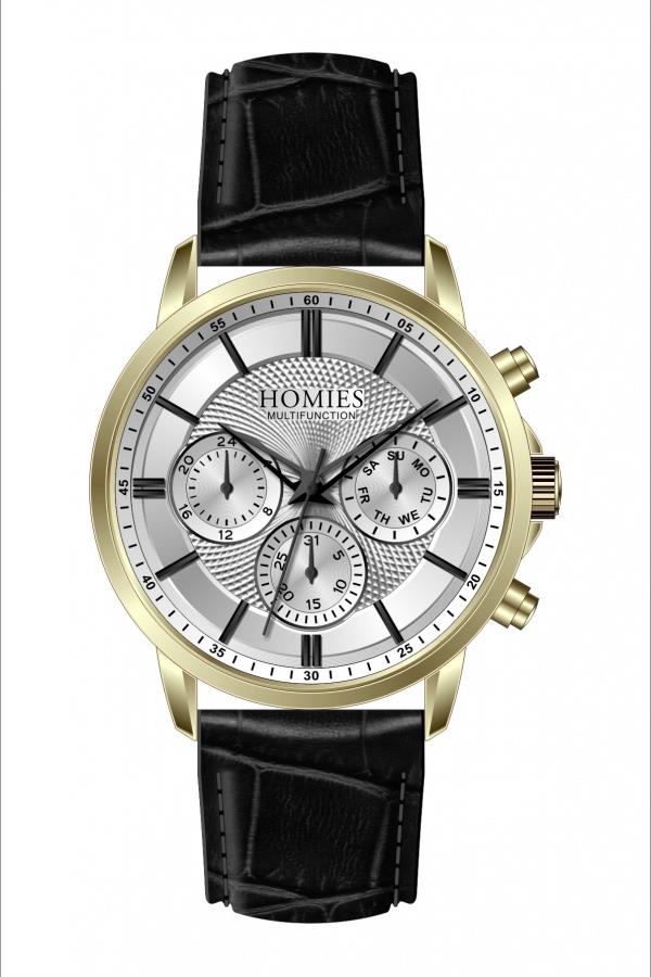 HM25123S01 Deri Kordonlu Erkek Kol Saati SİYAH - ALTIN