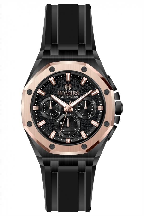 HM25190S01 Silikon Kordonlu Erkek Kol Saati SİYAH - ROSE GOLD