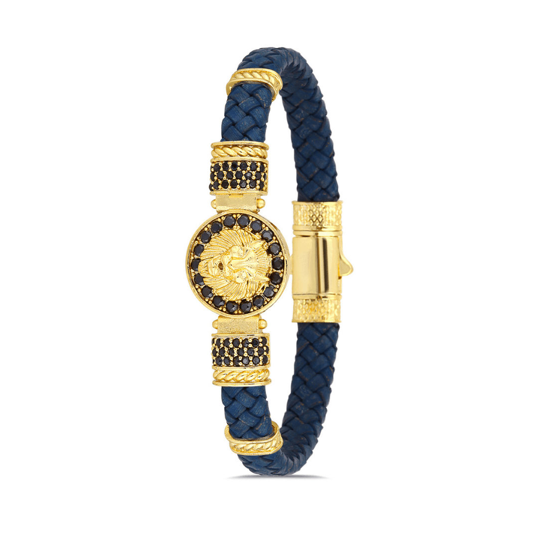 Aslan Figürlü Zirkon Taşlı Bileklik - Mavi | Altın