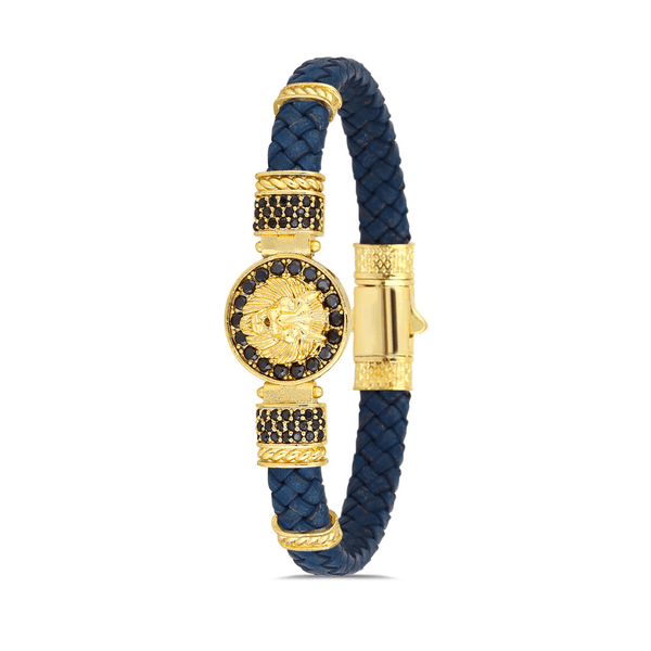 Aslan Figürlü Zirkon Taşlı Bileklik - Mavi | Altın