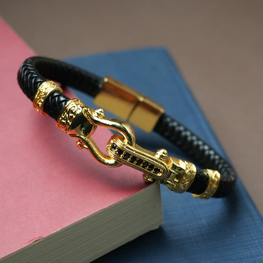 İtalyan Tasarım At Nalı Şans Zirkon Taşlı Bileklik - Siyah | Gold