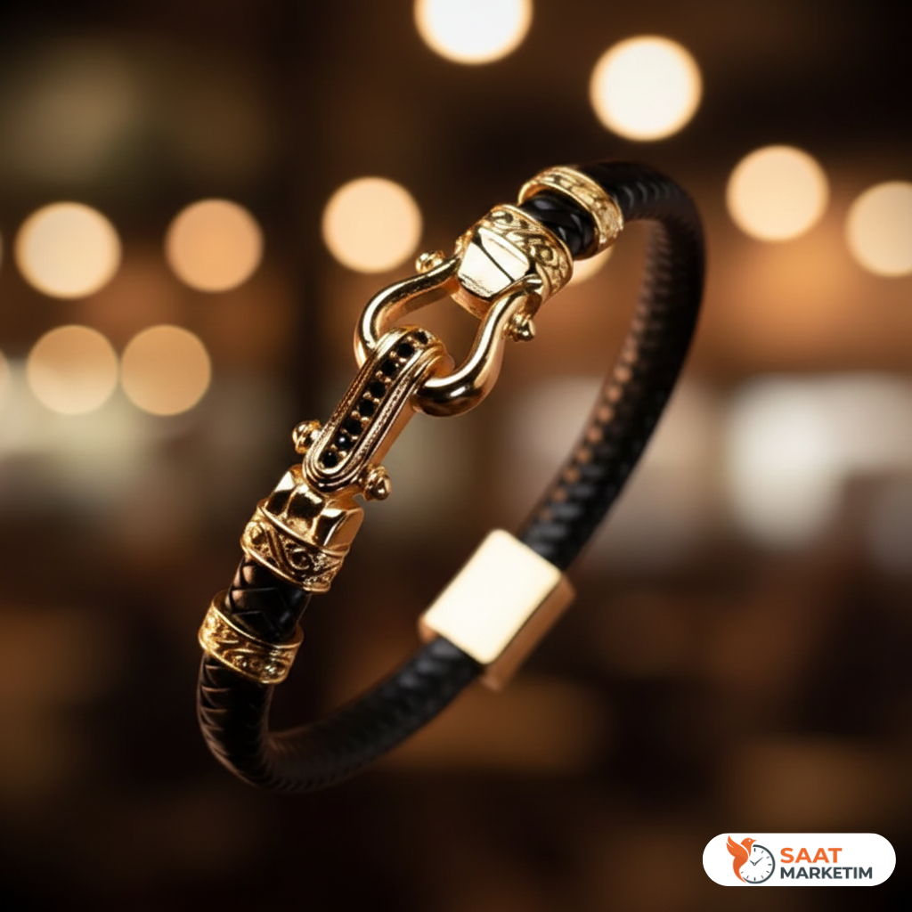 İtalyan Tasarım At Nalı Şans Zirkon Taşlı Bileklik - Siyah | Altın